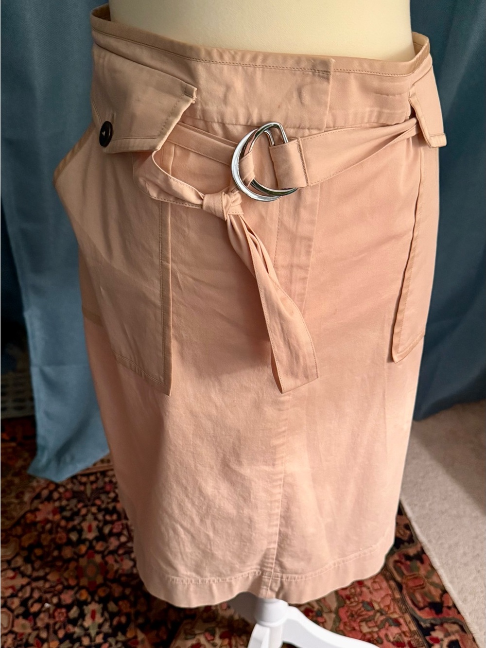 St. John Tan Utility Midi Skirt with Silk Trimmed Pockets and Silver D-Ring Belt